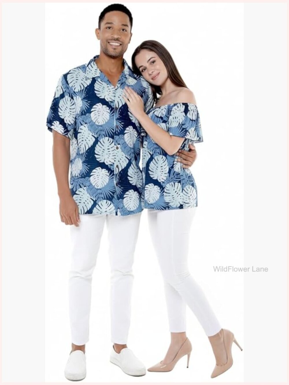 Hawaiian Luau Off-Shoulder Ruffle Muumuu Top Matching Aloha Shirt